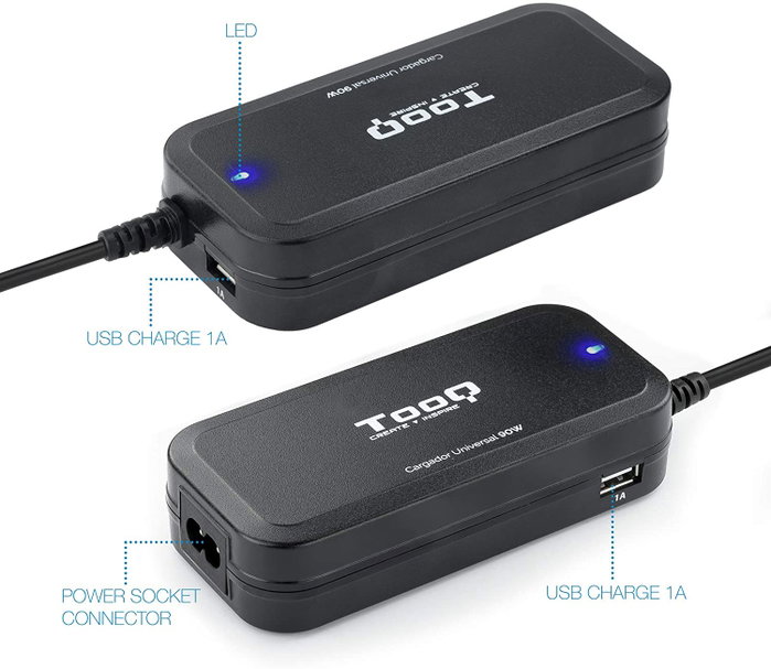TooQ Cargador Automático Universal para Portátil TQLC-90BS02AT - 90W, 12 Conectores DC, 2 Puertos USB, Voltaje 12-20V